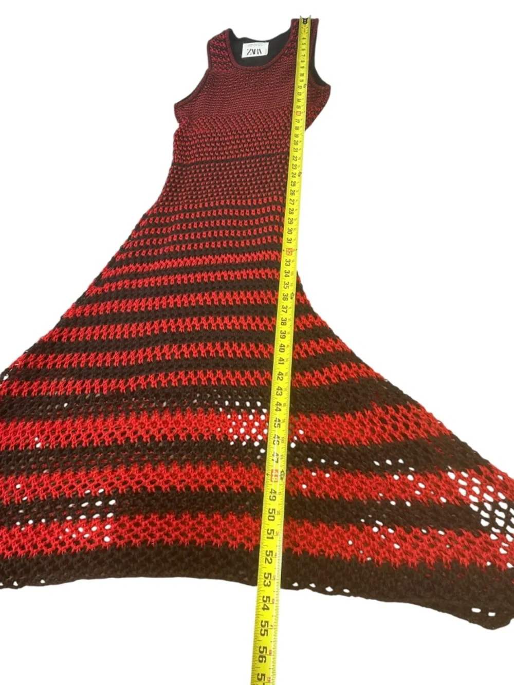 ZARA Red Black Crochet Knit Maxi Dress womens Sz medium Lined Festival vacation - Picture 7 of 10